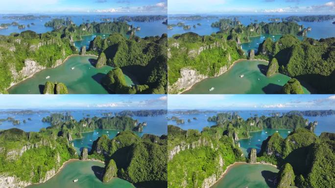 在越南北部下龙湾的海上，航拍无人机拍摄的观光船与岩石山的淡蓝色天空