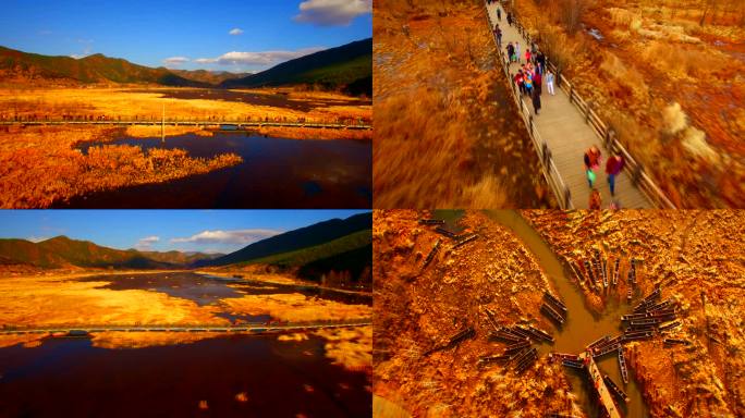 泸沽湖走婚桥草海沿岸 黄昏夕阳下的泸沽湖
