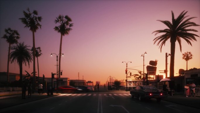 紫色的夕阳和棕榈树。加州的傍晚海滩