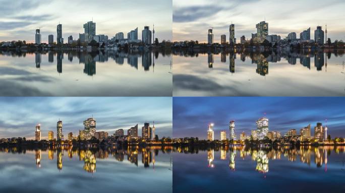 维也纳商业区的多瑙城(Donaustadt)的昼夜渐变天际线。平静的湖面上的倒影。