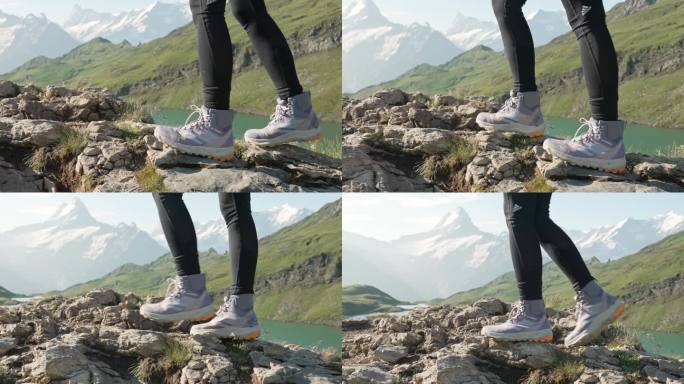 瑞士阿尔卑斯山上穿着登山鞋的女人的腿特写