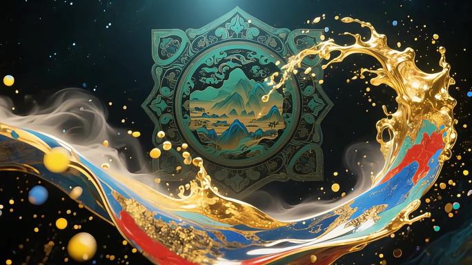 国风山水金色流动中国风 泼墨艺术唯美意境