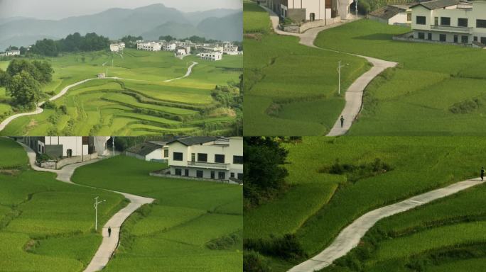 背包客行走在梯田高坡小村落