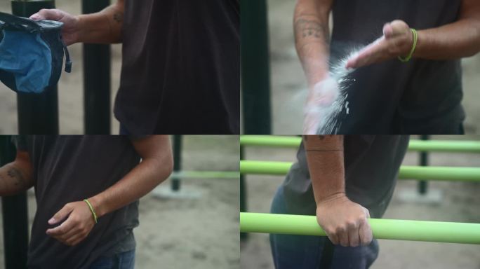 男子运动前搽粉和掸手粉的中景。使用公园健身器材进行户外锻炼的男性。