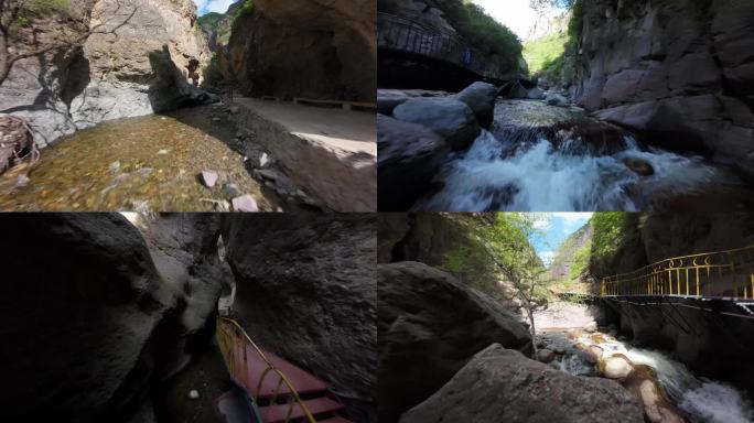 峡谷溪流山间栈道穿越机4K