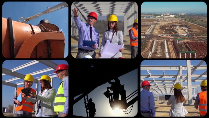 大型建筑工地，有机械、工人和项目管理团队