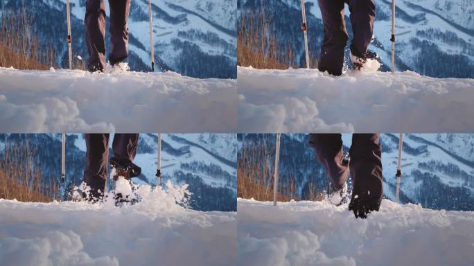 登山鞋在冬季徒步时在雪地上行走或奔跑。北欧拐杖。一个老妇人的腿