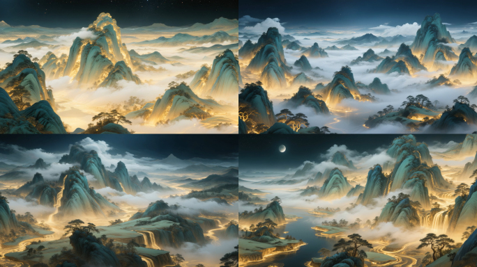 千里江山图云雾缭绕水墨山水画卷