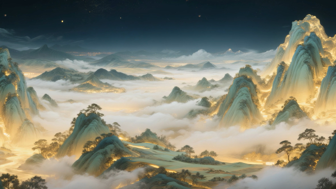 千里江山图云雾缭绕水墨山水画卷