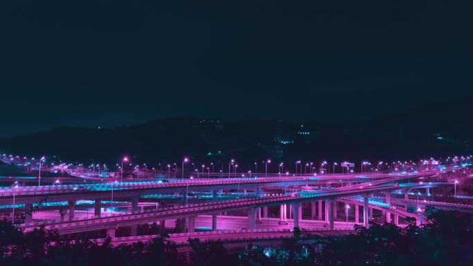 霓虹夜色下的城市立交桥 未来感城市夜景
