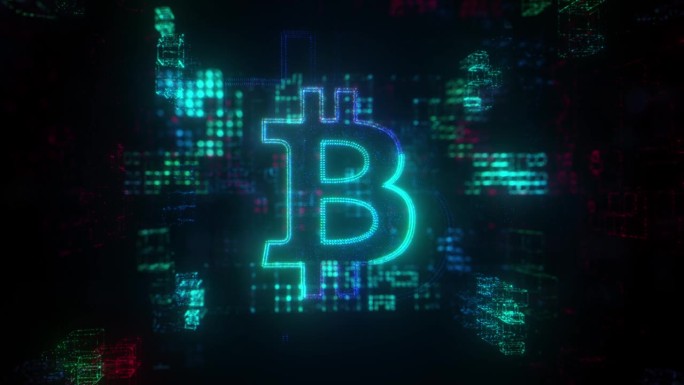 加密货币和数字钱包背景。电子货币支付和转账的未来。未来科技背景下的比特币符号全息图。CGI 3D渲染