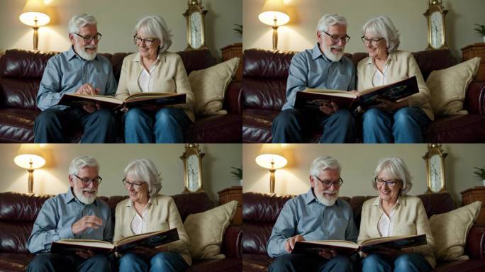 老年夫妇温馨回忆相册 长辈情侣共赏旧时照