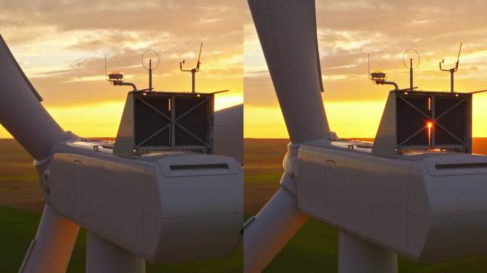 工作中的风电场，日落美景。鸟瞰图Windpark与风力涡轮机，风车。理念:电厂、气候变化、可持续资源