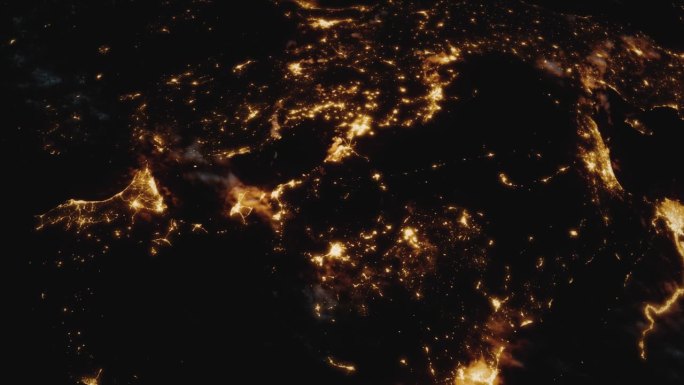 从太空看地球上昼夜的变化。3D渲染地球与详细的夜景显示城市灯光和流星。文明的发展