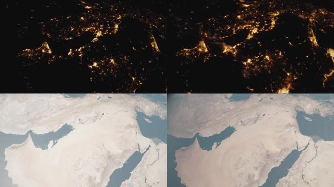 从太空看地球上昼夜的变化。3D渲染地球与详细的夜景显示城市灯光和流星。文明的发展