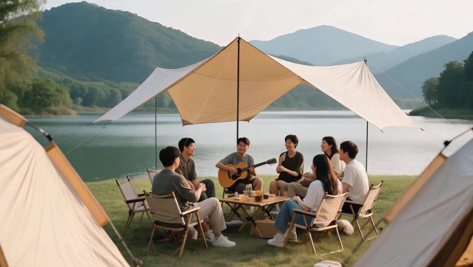 湖边露营友人聚会