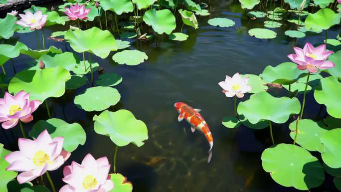 锦鲤荷塘金鱼荷花池莲花池夏天荷花锦鲤荷叶