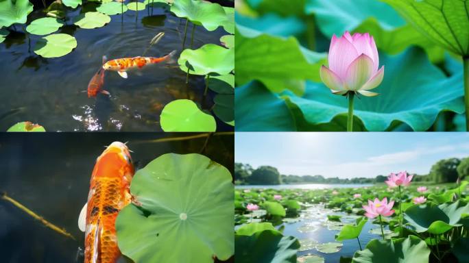 锦鲤荷塘金鱼荷花池莲花池夏天荷花锦鲤荷叶