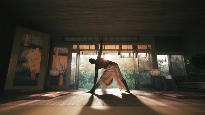 男人做瑜伽练习。男子在东方风格的室内做瑜伽