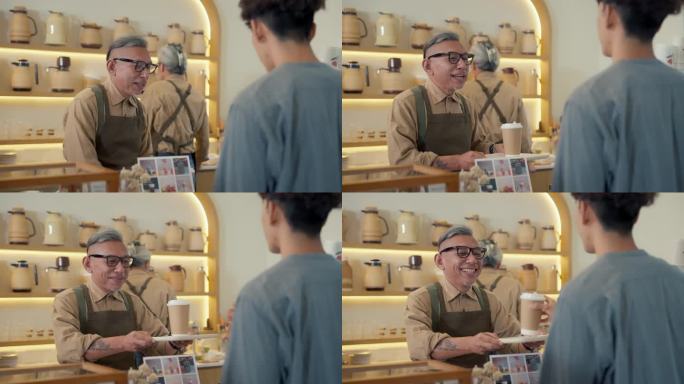 男顾客在咖啡店的柜台扫二维码就可以在线付款。