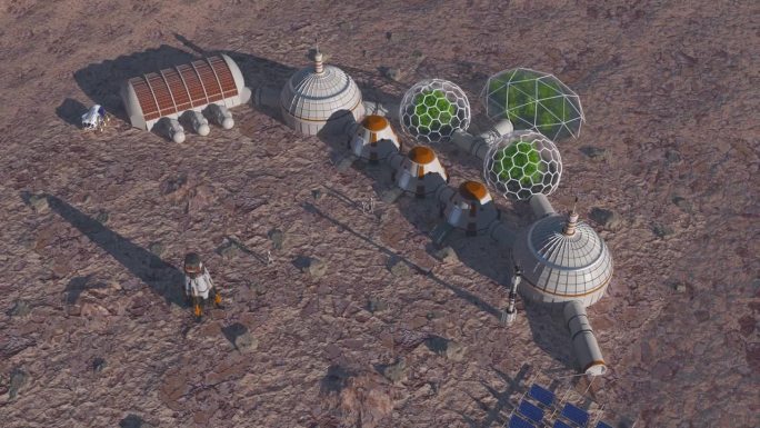 火星基地，鸟瞰图。温室里的绿色植物。一名男宇航员回到了他在火星上的殖民者家庭。火星殖民地基地。未来的