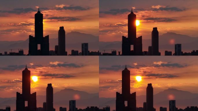 台湾高雄市海港日出鸟瞰图。