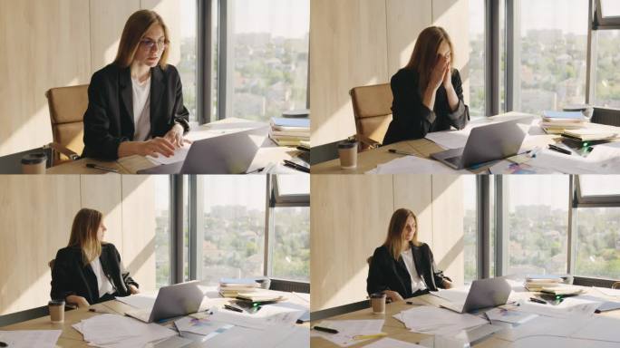 办公室里一个年轻漂亮的红发女人的画像。女人因一天的辛苦工作和工作失败而疲惫不堪