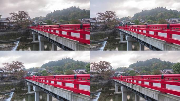 日本高山岐阜秋日中桥红桥和宫川河的时光流逝