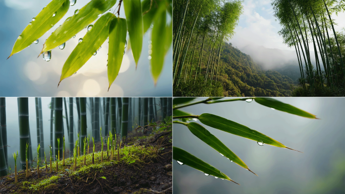 竹叶露珠雨后春笋云雾山林清新幽静竹林山景