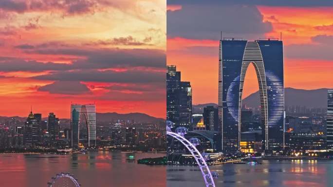 金鸡湖畔的现代都市风光，苏州之眼摩天轮