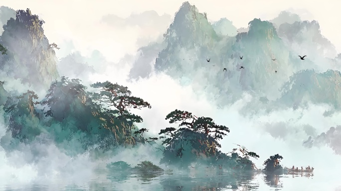 9k循环水墨绿水青山意境山水画国潮背景