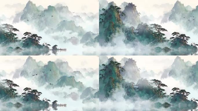 9k循环水墨绿水青山意境山水画国潮背景