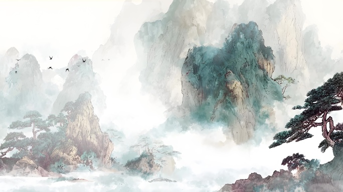8k循环古风水墨意境山水画国潮背景