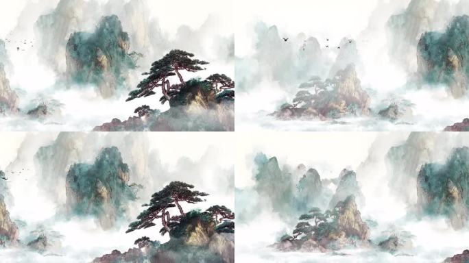 8k循环古风水墨意境山水画国潮背景