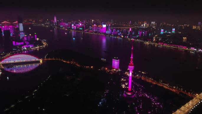 武汉龟山电视塔夜景航拍 武汉灯光秀
