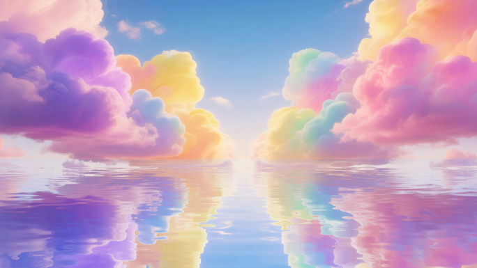 梦幻天空背景水面倒影的彩色云朵舞台背景