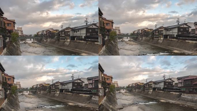 日本高山岐阜，在秋天的宫川河和老城，时间流逝的城市天际线