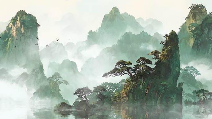 8k循环水墨青山绿水意境山水画国潮背景