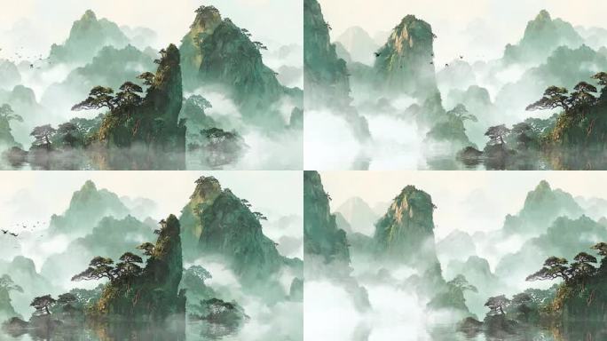 8k循环水墨青山绿水意境山水画国潮背景