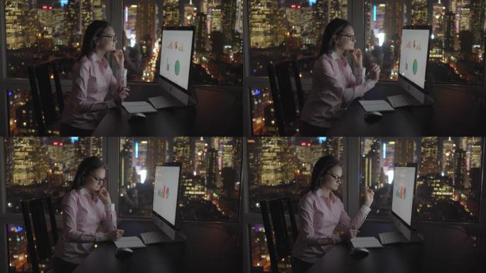 在办公室用电脑工作到很晚的女商人。分析公司的图表和统计。成功，金融，财富，成长。