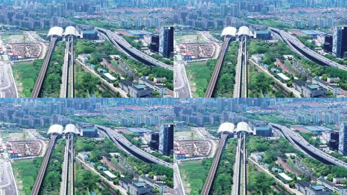 中国上海，高架轨道上的地铁列车和磁悬浮列车