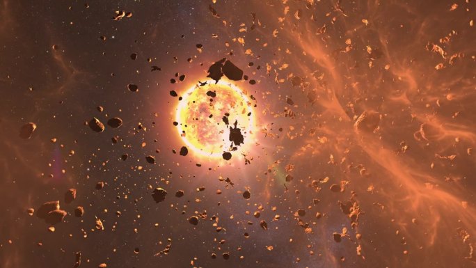 一颗小行星带着太阳耀斑在太空深处靠近太阳，