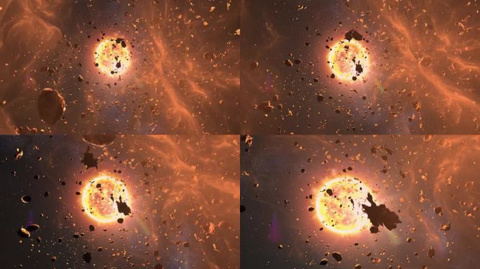 一颗小行星带着太阳耀斑在太空深处靠近太阳，