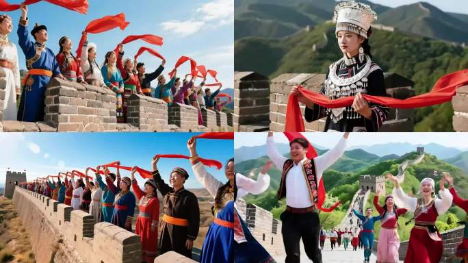 五十六个民族在长城上鼓掌欢呼 背景素材