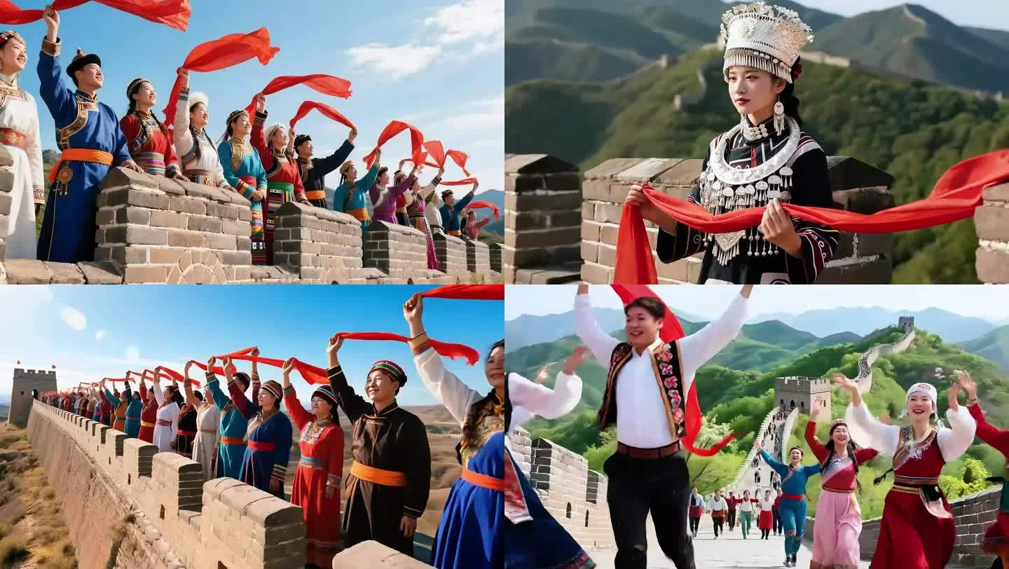 五十六个民族在长城上鼓掌欢呼 背景素材