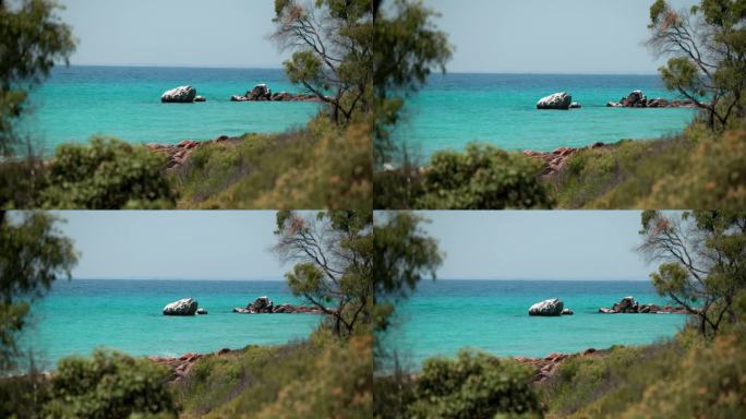 绿松石海和岩石透过树叶，邓斯伯勒西澳大利亚