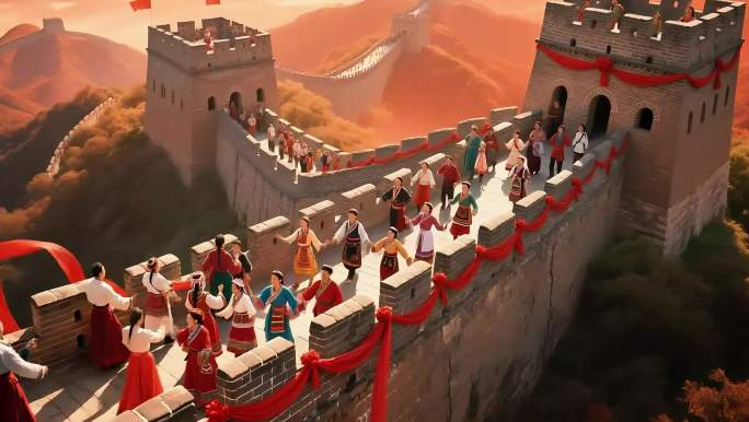 五六个民族五十六个民族在长城上挥手欢呼