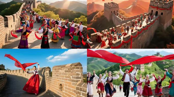 五六个民族五十六个民族在长城上挥手欢呼