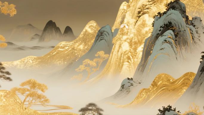 金色山水意境水墨风