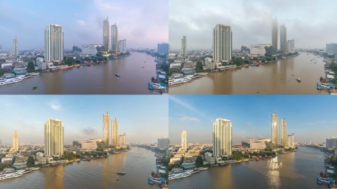 曼谷城市的天际线日夜在湄南河和暹罗图标上流逝，泰国